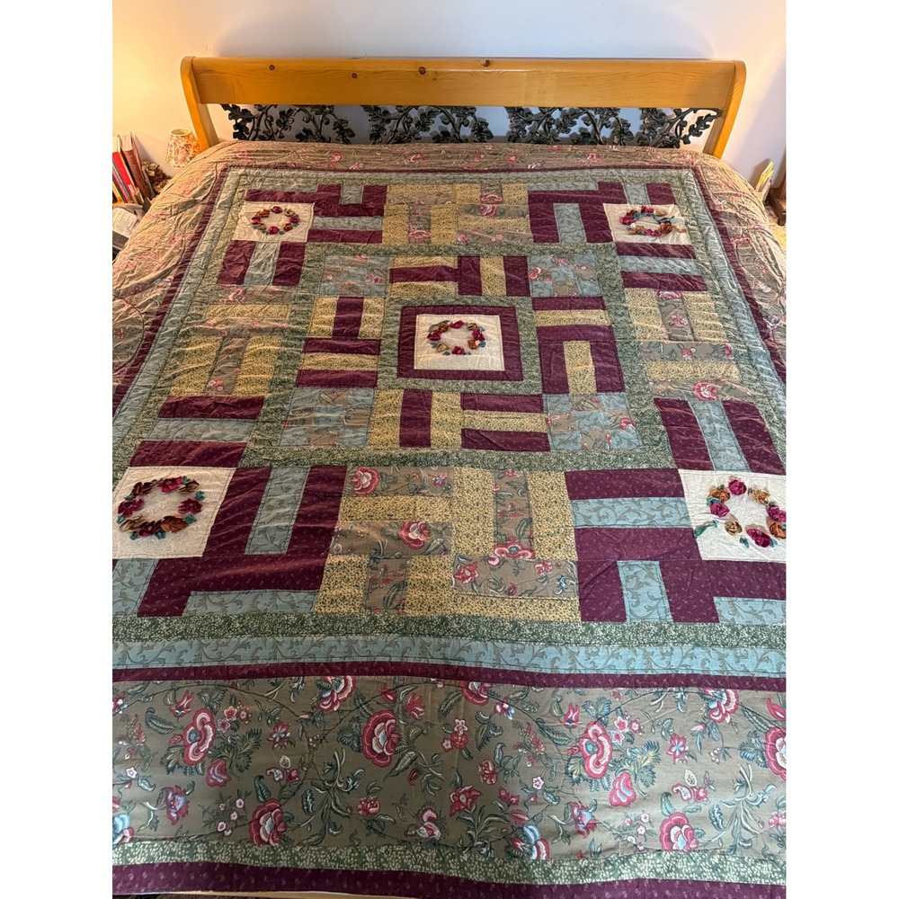 Vintage Handmade Patchwork Floral Quilt Burgundy Sage Green Ribbon Work Wreaths